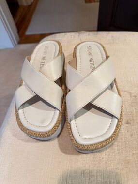 Stuart Weitzman Ross lift Slide Sandal , White  Leather Crisscross Espadrille